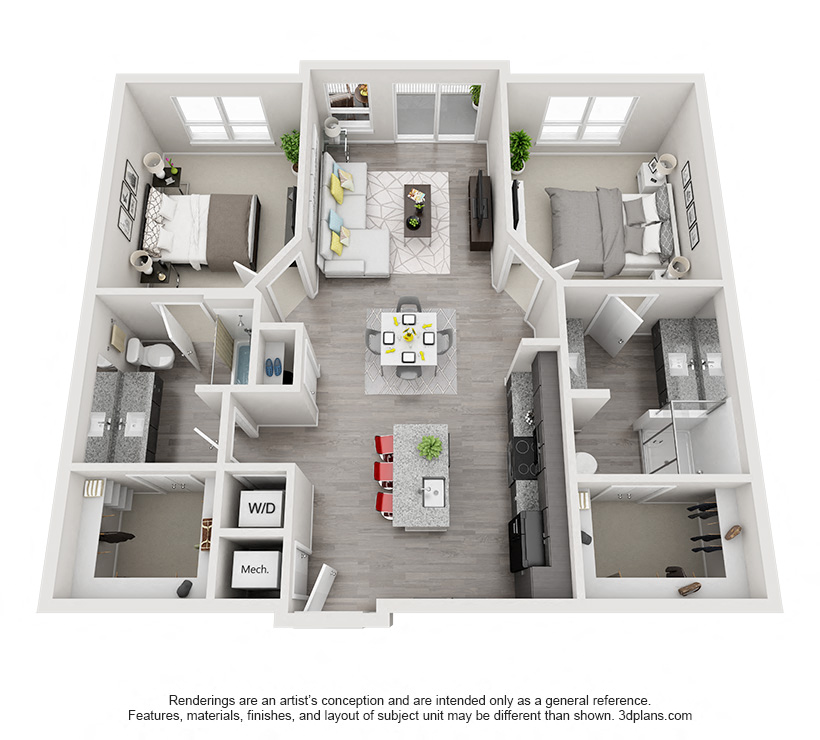 Floor plan for 2 beds, 2 baths, 1125 sqft